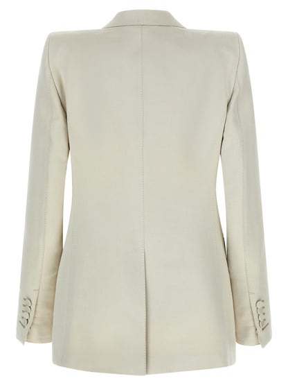 Blazer by Tom Ford for women in silk cotton & cupro beige showcases a discerning silhouette, elegantly detailed with a sophisticated split neckline and premium for a truly discerning finish.