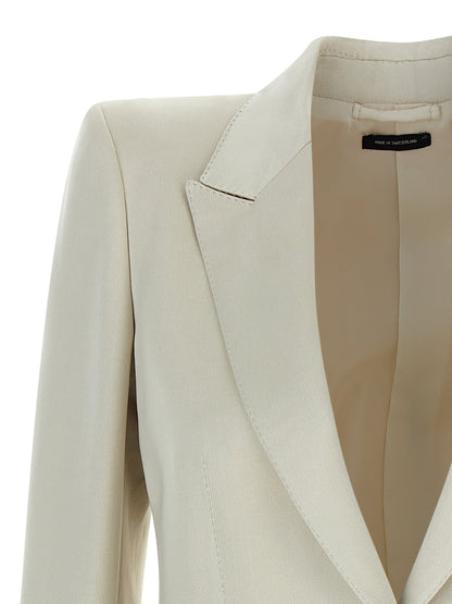 Blazer by Tom Ford for women in silk cotton & cupro beige features an crisp silhouette with sophisticated and a crisp split neckline for a truly crisp finish.