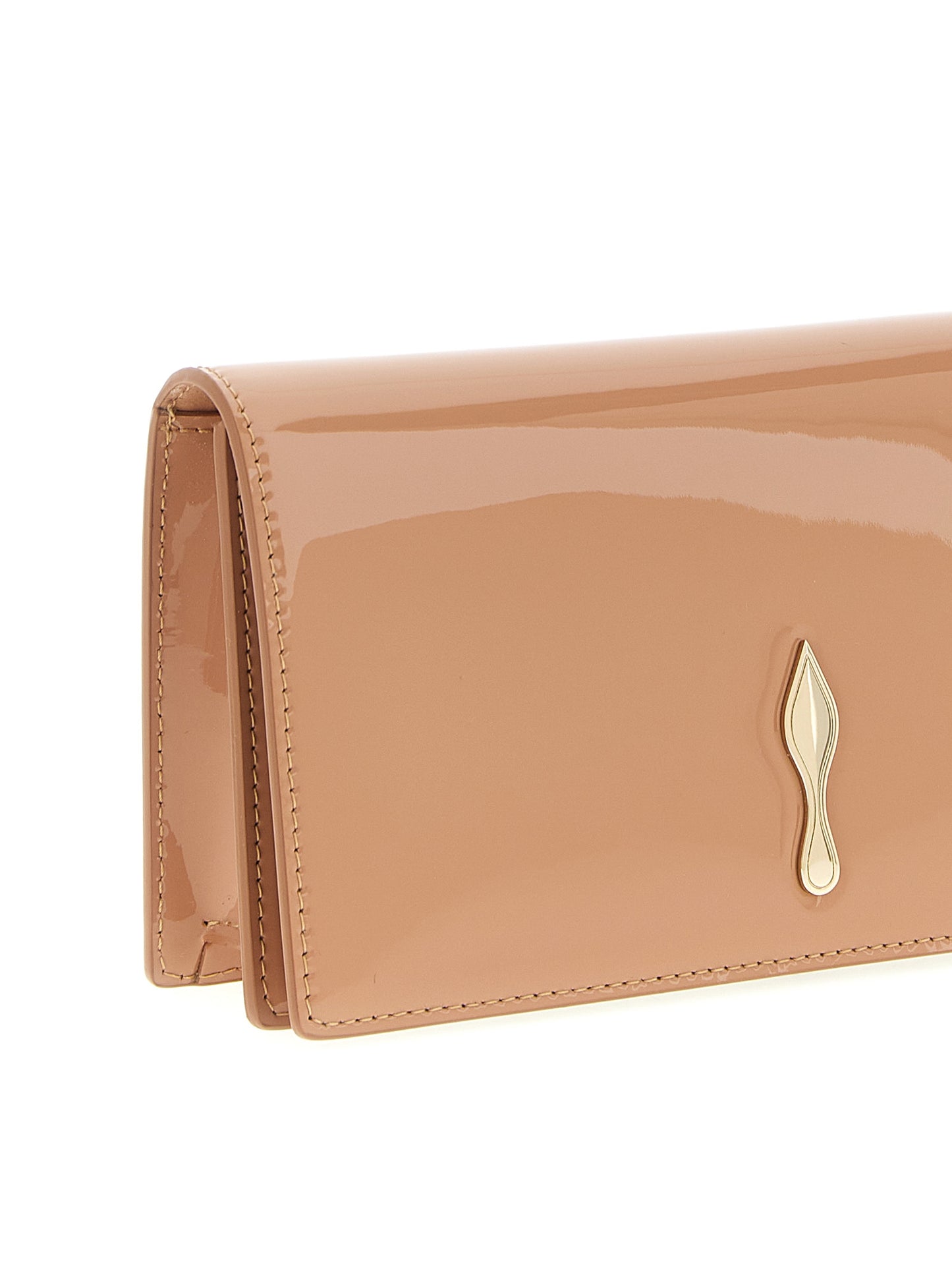 Flap Clutch Handbag by Christian Louboutin for women in calfskin leather multicolor, pink & signature features a sculptural silhouette with a secure flap & magnetic, organized , and versatile shoulder-strap for a sculptural finish.