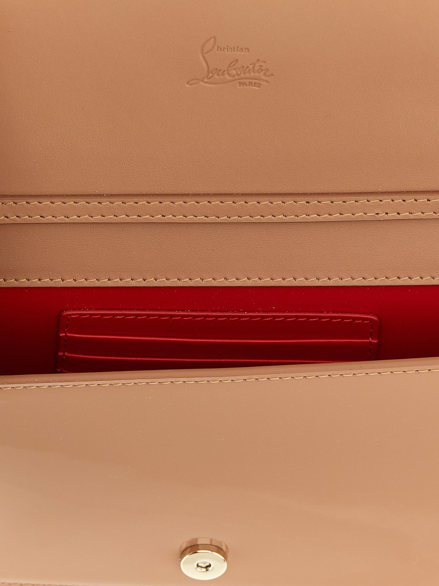 Flap Clutch Handbag by Christian Louboutin for women in calfskin leather multicolor, pink & signature showcases a sculptural silhouette, featuring a secure flap & magnetic, ample , and versatile shoulder-strap for a sculptural finish.