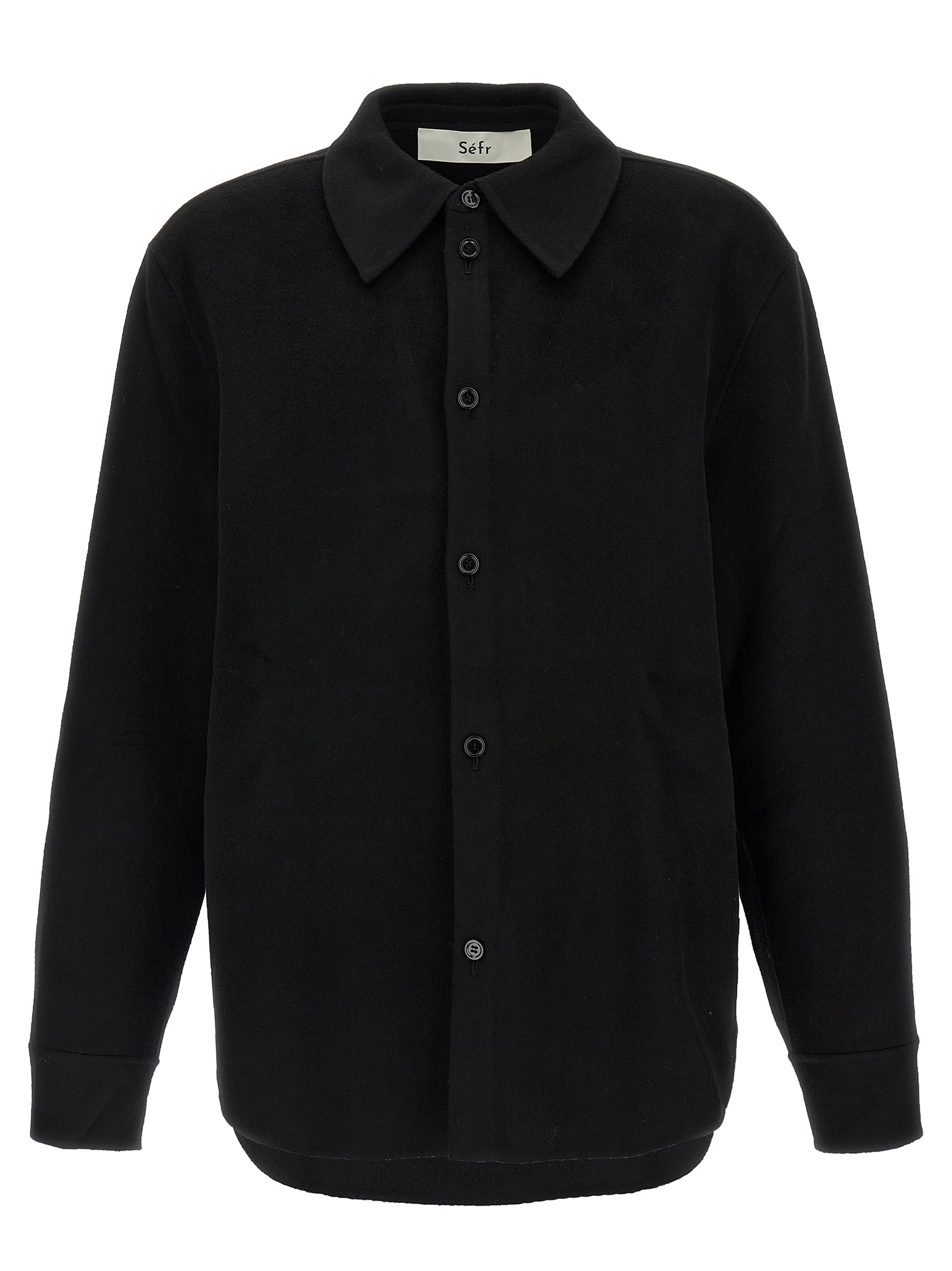 Shirt by SÉFR for men in cashmere virgin wool black showcases a sharp silhouette, elegantly detailed with a sharp and sharp .