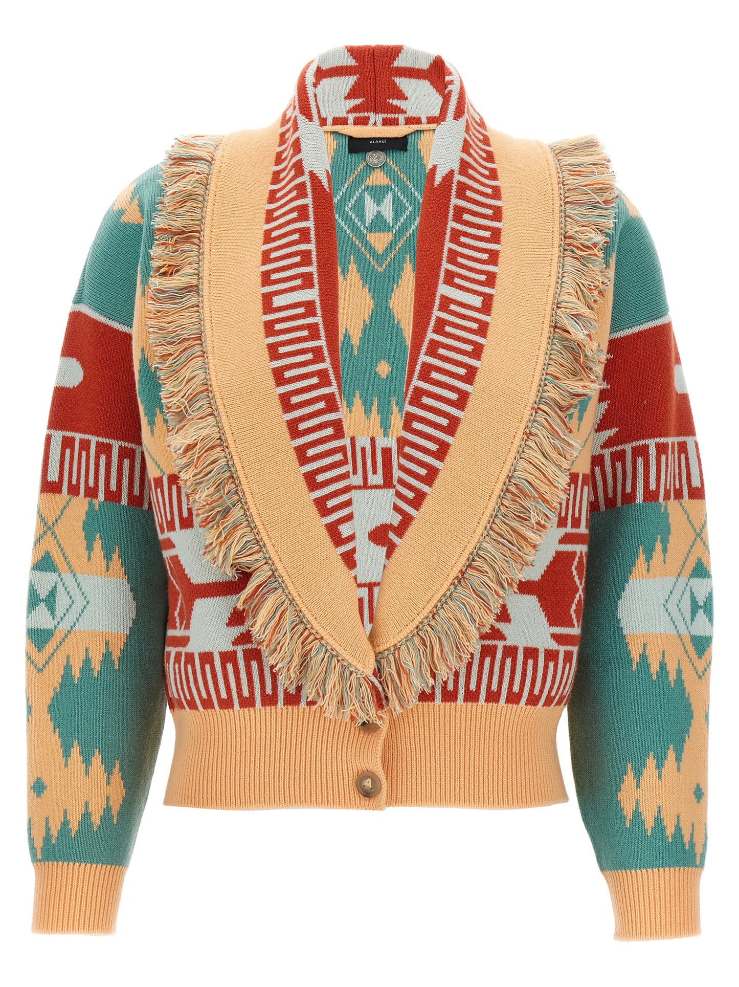 Cardigan by Alanui for women in cashmere virgin wool multicolor & jacquard presents a textural silhouette, artfully finished with a textural shawl-collar neckline and for a sophisticated, textural look.