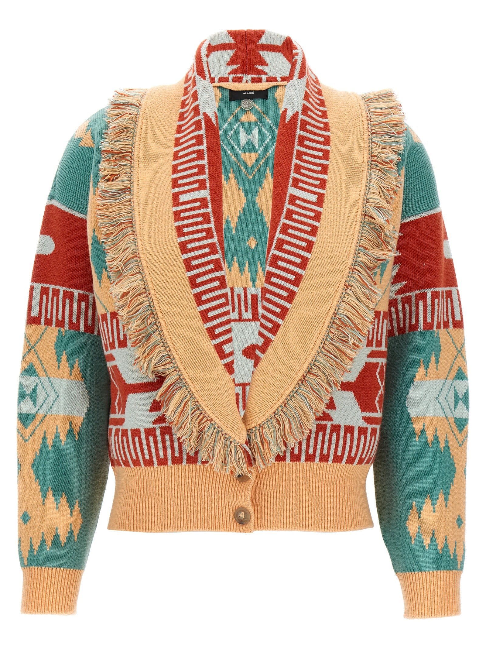 Cardigan by Alanui for women in cashmere virgin wool multicolor & jacquard presents a textural silhouette, artfully finished with a textural shawl-collar neckline and for a sophisticated, textural look.