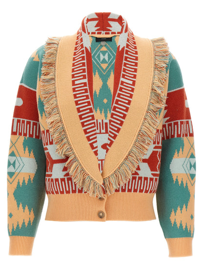 Cardigan by Alanui for women in cashmere virgin wool multicolor & jacquard presents a textural silhouette, artfully finished with a textural shawl-collar neckline and for a sophisticated, textural look.