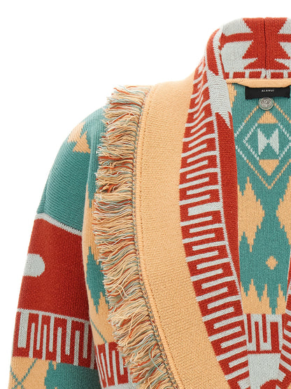 Cardigan by Alanui for women in cashmere virgin wool multicolor & jacquard features an crisp silhouette, showcasing a sophisticated shawl-collar neckline and detail for a truly crisp finish.