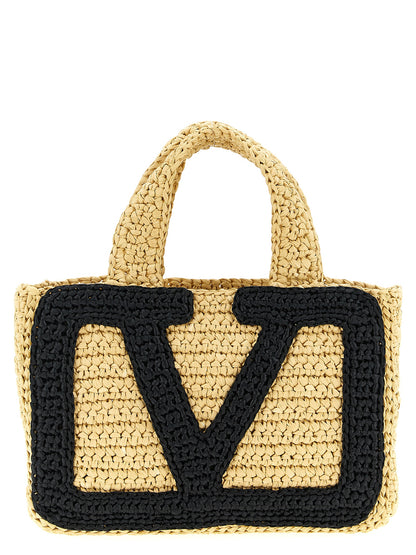 Valentino Garavani Crochet Viva Superstar V Logo Raffia Polyester Polyurethane Python Leather Small Shopper Tote Bag - Black Signature