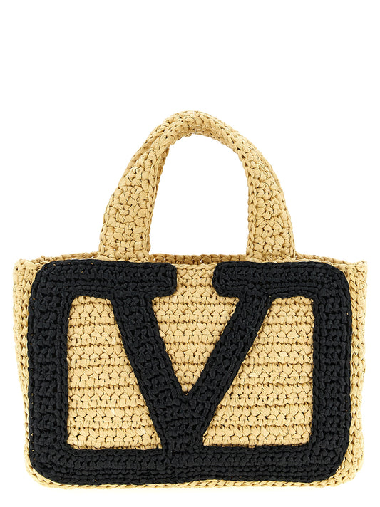 Valentino Garavani Crochet Viva Superstar V Logo Raffia Polyester Polyurethane Python Leather Small Shopper Tote Bag - Black Signature