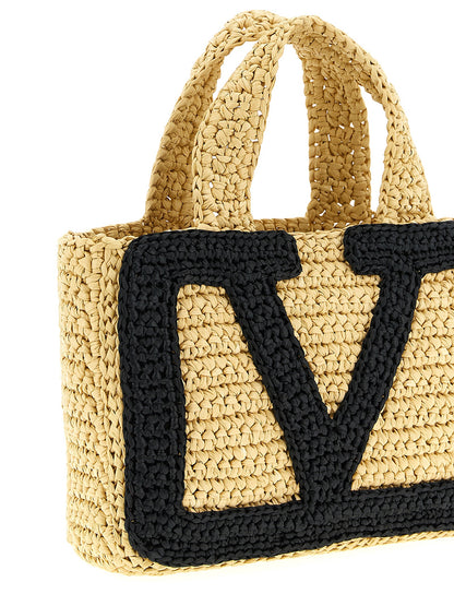 Valentino Garavani Crochet Viva Superstar V Logo Raffia Polyester Polyurethane Python Leather Small Shopper Tote Bag - Black Signature