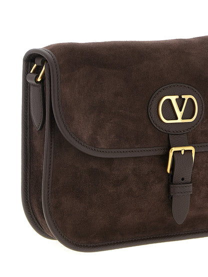 Valentino Garavani Antibes V Logo Suede Leather Crossbody Messenger Bag - Brown Signature