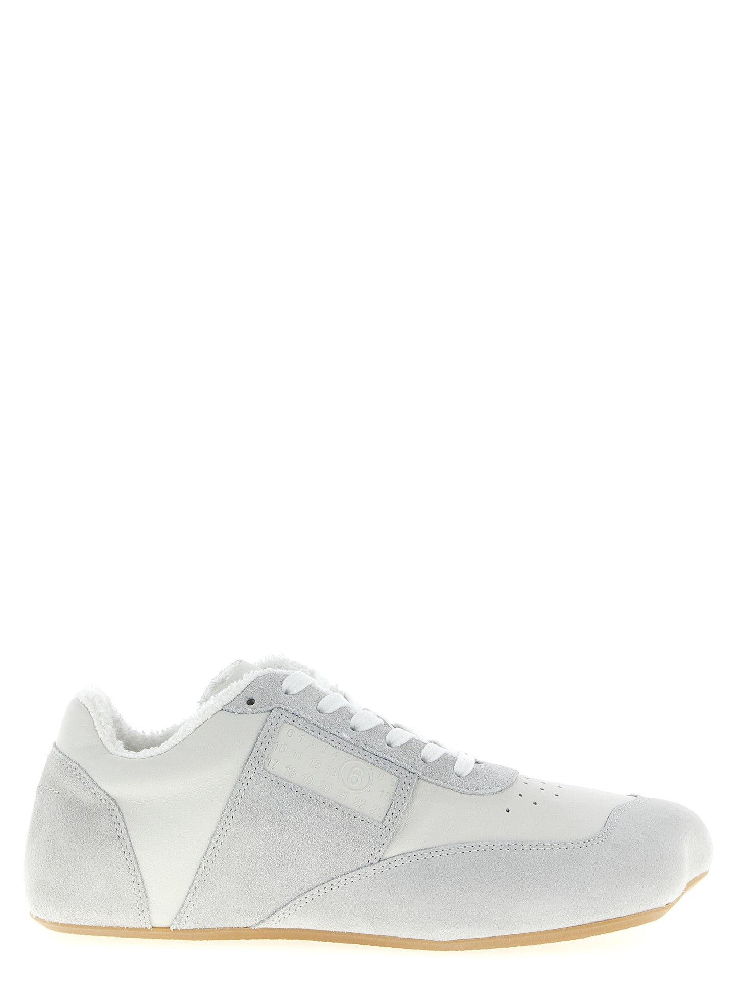 Athletic Sneakers by MM6 Maison Margiela for men in suede calfskin leather white & signature features an exquisite silhouette, showcasing the premium athletic style of the Men's Athletic Suede Calfskin Leather Sneakers with an exquisite finish.