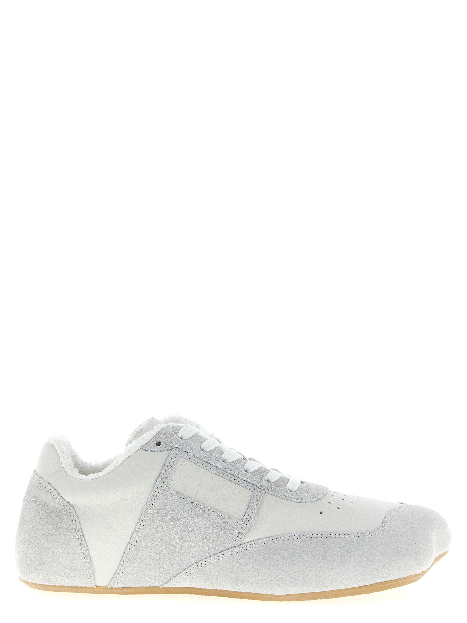 Athletic Sneakers by MM6 Maison Margiela for men in suede calfskin leather white & signature features an exquisite silhouette, showcasing the premium athletic style of the Men's Athletic Suede Calfskin Leather Sneakers with an exquisite finish.