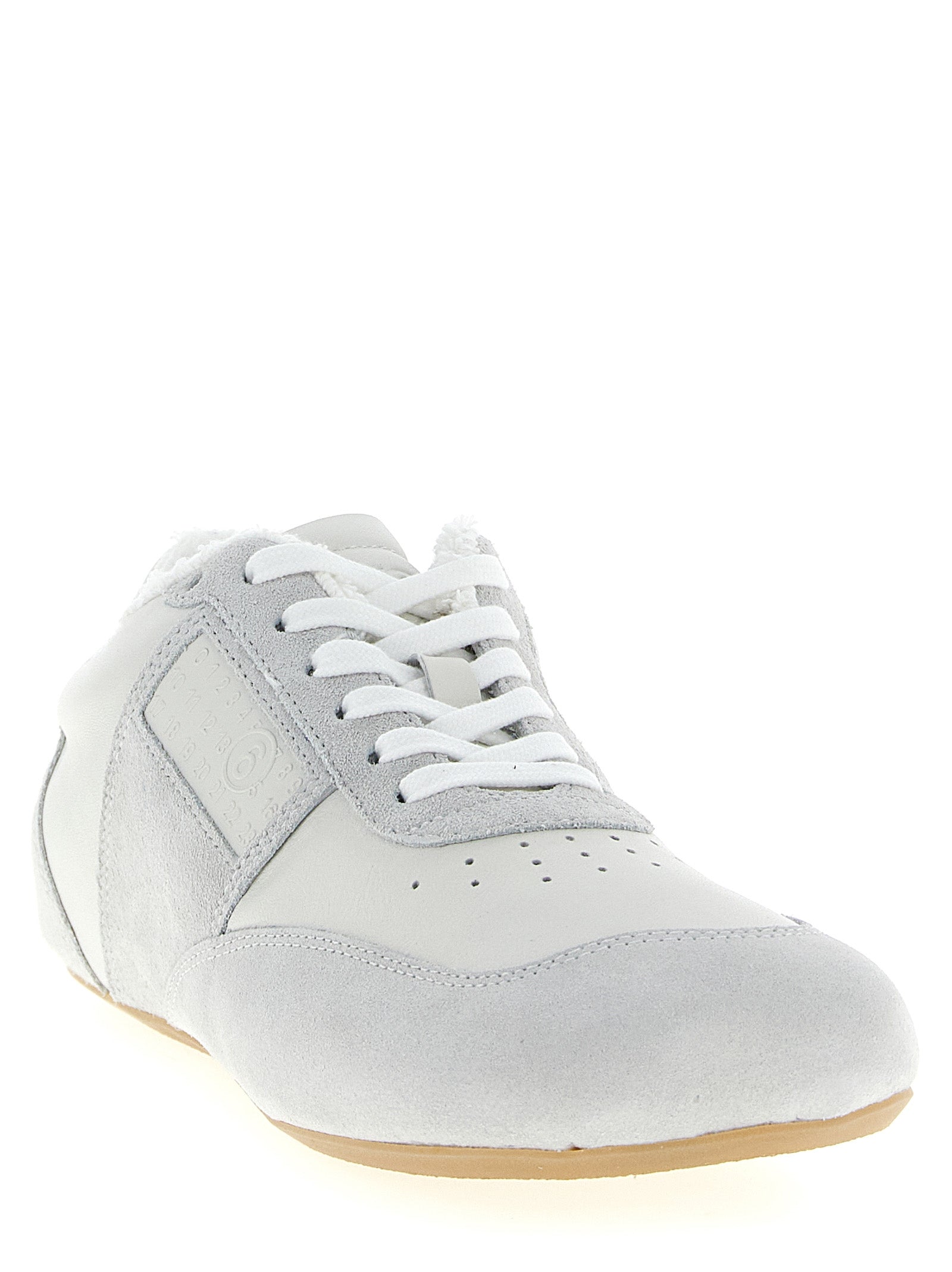 Athletic Sneakers by MM6 Maison Margiela for men in suede calfskin leather white & signature features an effortless chic silhouette, showcasing the signature athletic style of the Men's Athletic Suede Calfskin Leather Sneakers collection with a truly effortless chic finish.