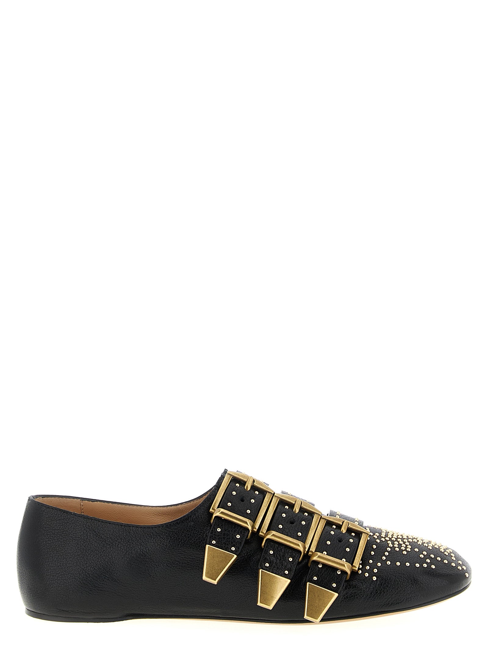 Ballet Flat Shoes by Chloé for women in lamb leather black & gold presents a effortless chic silhouette, showcasing the Women's Lamb Leather Ballet Flat Shoes design with a effortless chic and for a sophisticated look.