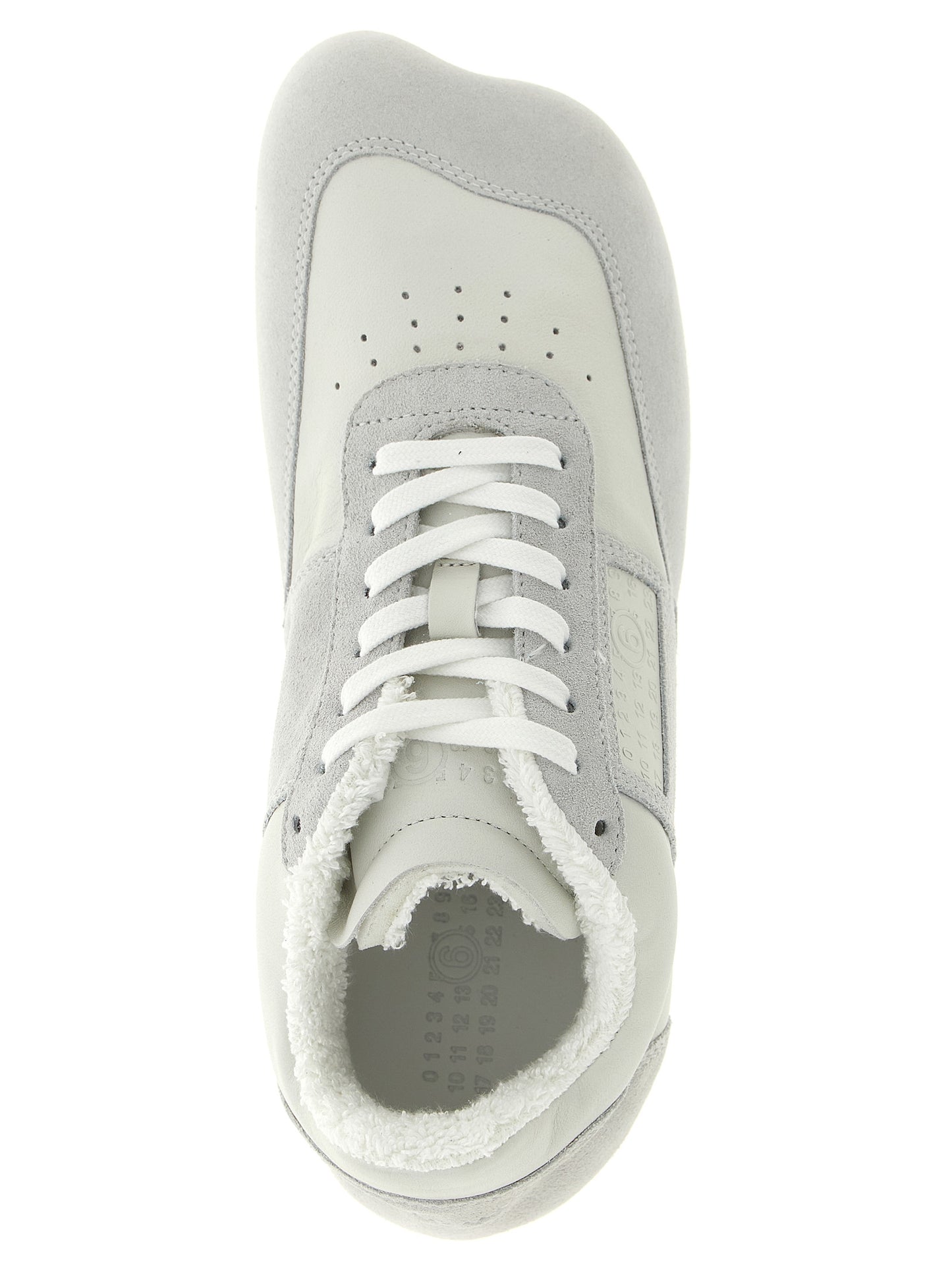 Athletic Sneakers by MM6 Maison Margiela for men in suede calfskin leather white & signature features an timeless silhouette from the Men's Athletic Suede Calfskin Leather Sneakers collection, showcasing a timeless athletic style for a timeless look.