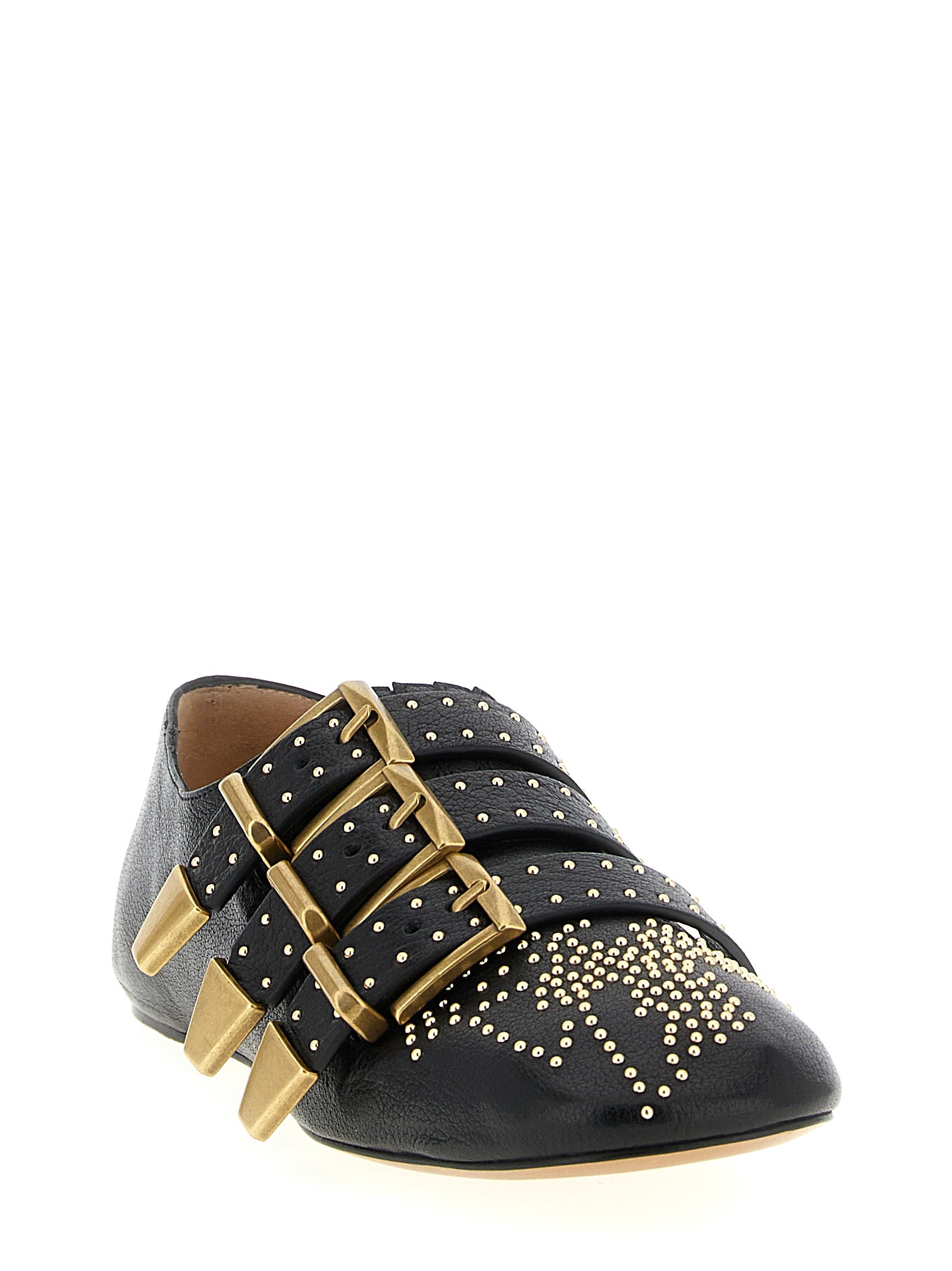 Ballet Flat Shoes by Chloé for women in lamb leather black & gold showcases a dynamic silhouette, artfully capturing Women's Lamb Leather Ballet Flat Shoes through its distinctive and elegant .