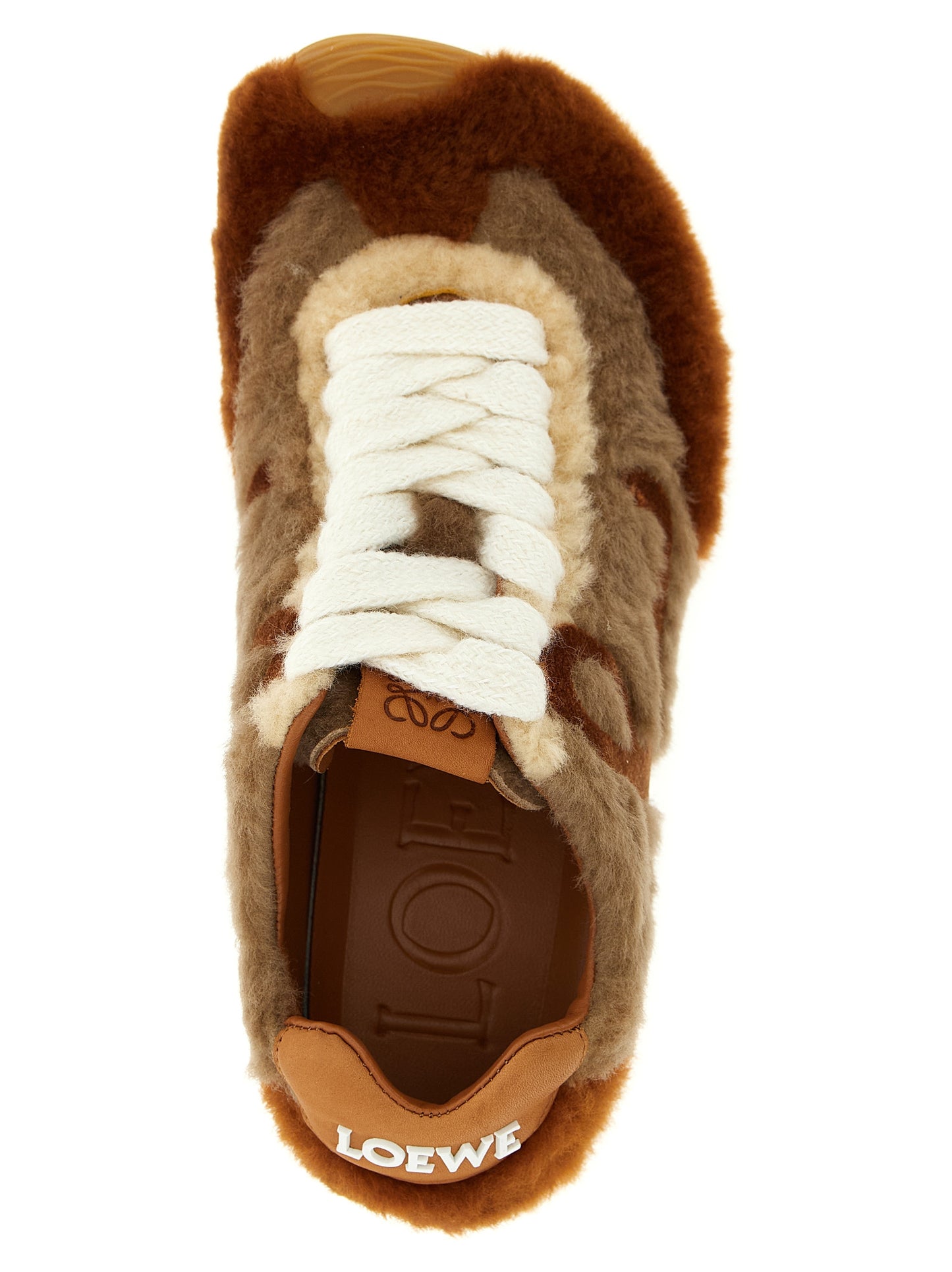 Sneakers by Loewe for women in plush polyester velvet & lamb leather brown presents a sumptuous silhouette, artfully capturing the essence of the Women's Low Top Sock Plush Polyester Velvet & Lamb Leather Sneakers with its sumptuous low-top sock style design.