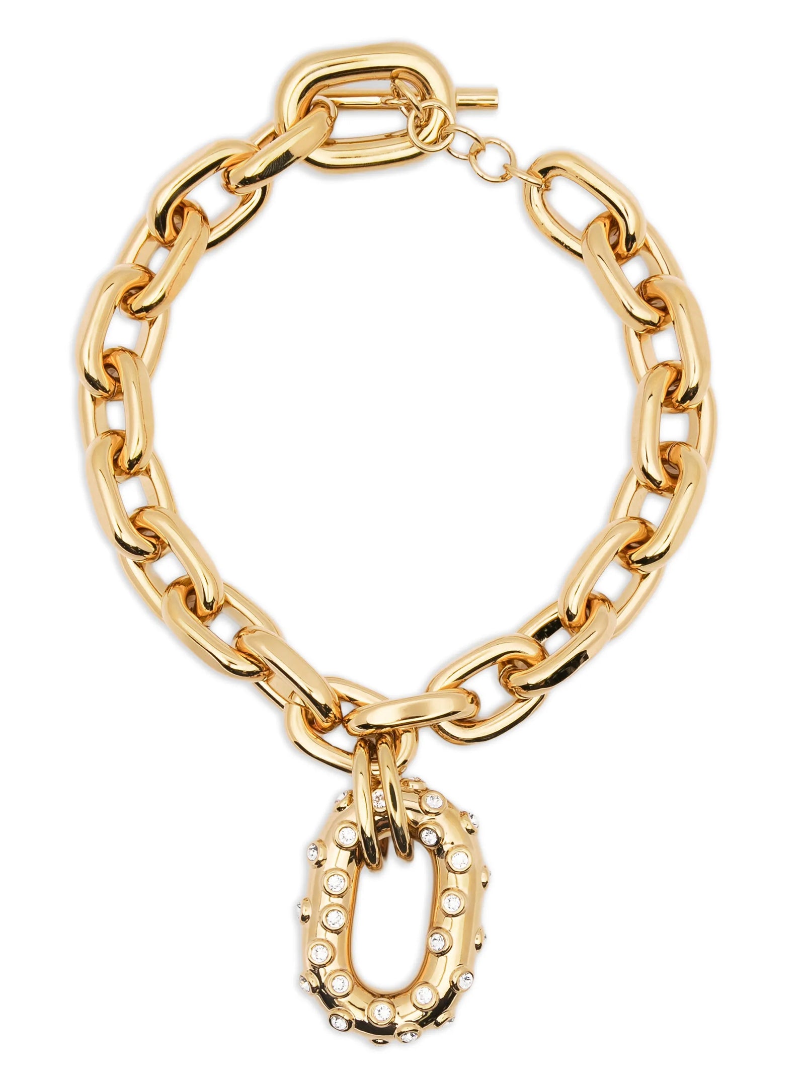 Necklace by Paco Rabanne for women in cotton denim gold features an resplendent silhouette, showcasing a sophisticated chain pendant statement necklace design from the Women's Gold Brass & Crystal Necklace collection for a resplendent finish.