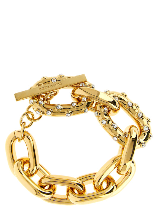 Bracelet by Paco Rabanne for women in cotton denim and gold showcases a refined silhouette, artfully capturing the essence of Women's Link Woven Gold Brass & Crystal Bracelet with its refined link woven bracelet design.