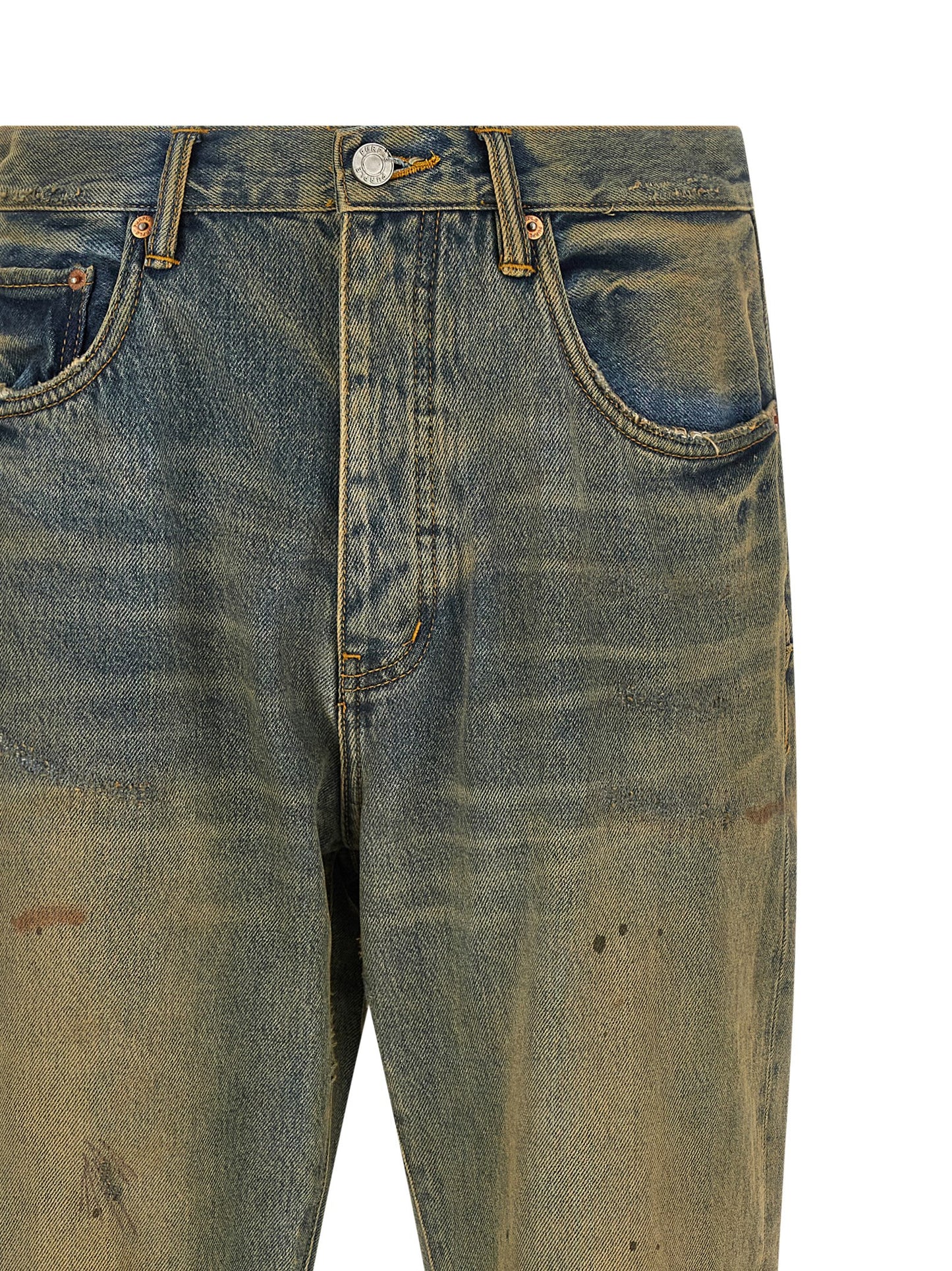 Jeans by PURPLE for men in cotton denim bicolour, purple & yellow features an sartorial straight-leg and long with a mid rise cut for a sartorial finish.