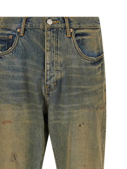 Jeans by PURPLE for men in cotton denim bicolour, purple & yellow features an sartorial straight-leg and long with a mid rise cut for a sartorial finish.