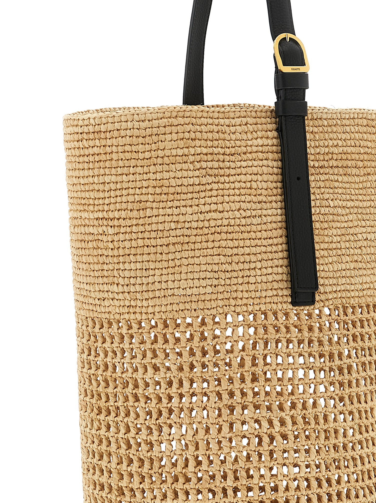 Small Shoulder Bucket Bag by Khaite for women in raffia palm fiber & calfskin beige & natural features a effortless sophistication silhouette, secured by a with ample and versatile shoulder-strap & adjustable-strap for a effortless sophistication finish.