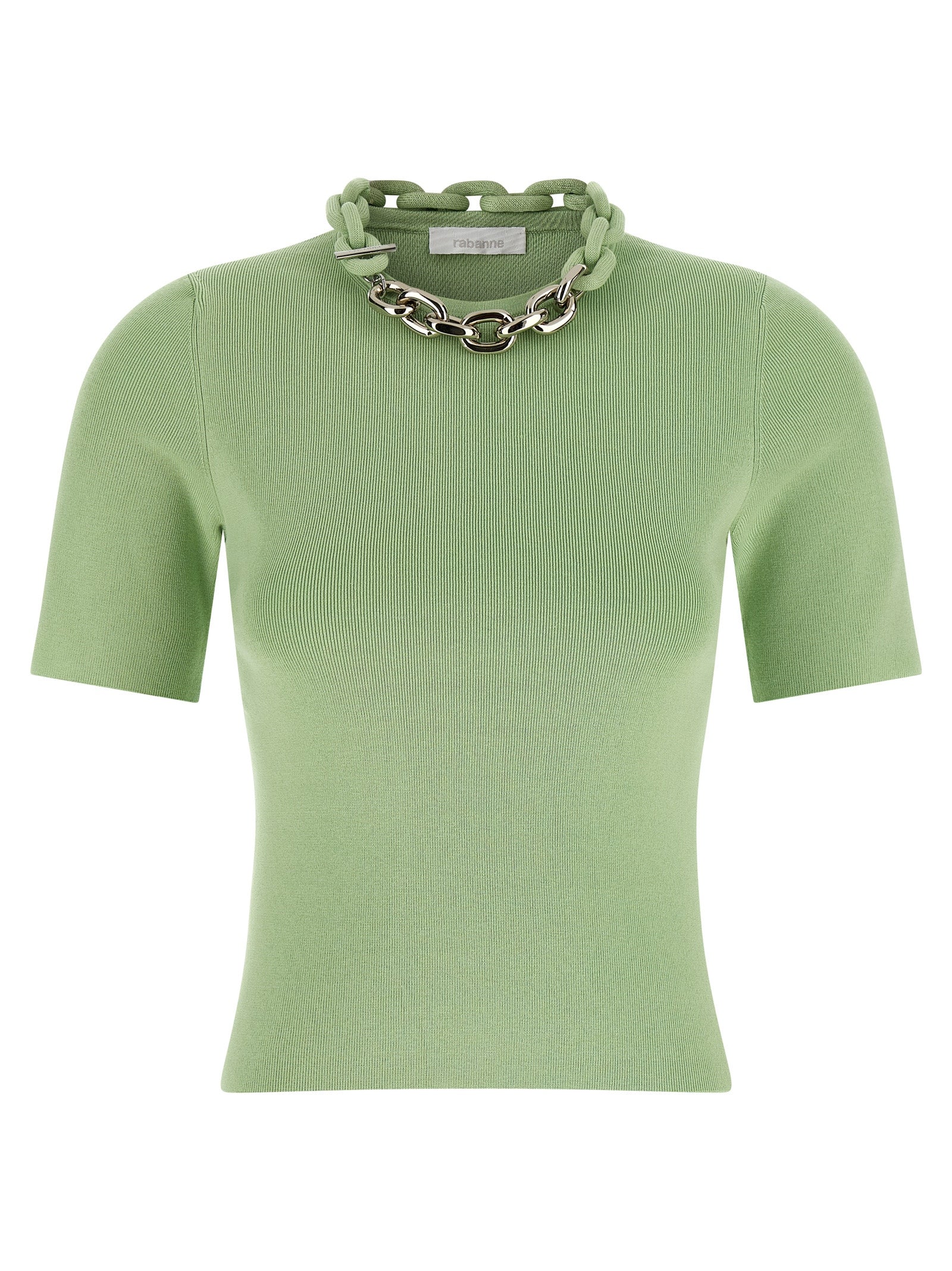 T-Shirt by Paco Rabanne for women in stretch cotton bicolour & green showcases a unassuming silhouette, artfully detailed with a refined crew neckline and unassuming for a sophisticated, contemporary look.