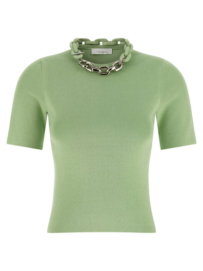T-Shirt by Paco Rabanne for women in stretch cotton bicolour & green showcases a unassuming silhouette, artfully detailed with a refined crew neckline and unassuming for a sophisticated, contemporary look.