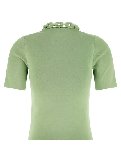 T-Shirt by Paco Rabanne for women in stretch cotton bicolour & green showcases a fashionable silhouette, elegantly detailed with a fashionable and crew neckline for a sophisticated, high-fashion look.