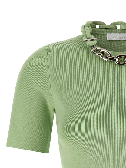 T-Shirt by Paco Rabanne for women in stretch cotton bicolour & green showcases a chic silhouette, artfully detailed with a chic crew neckline and for a chic finish.