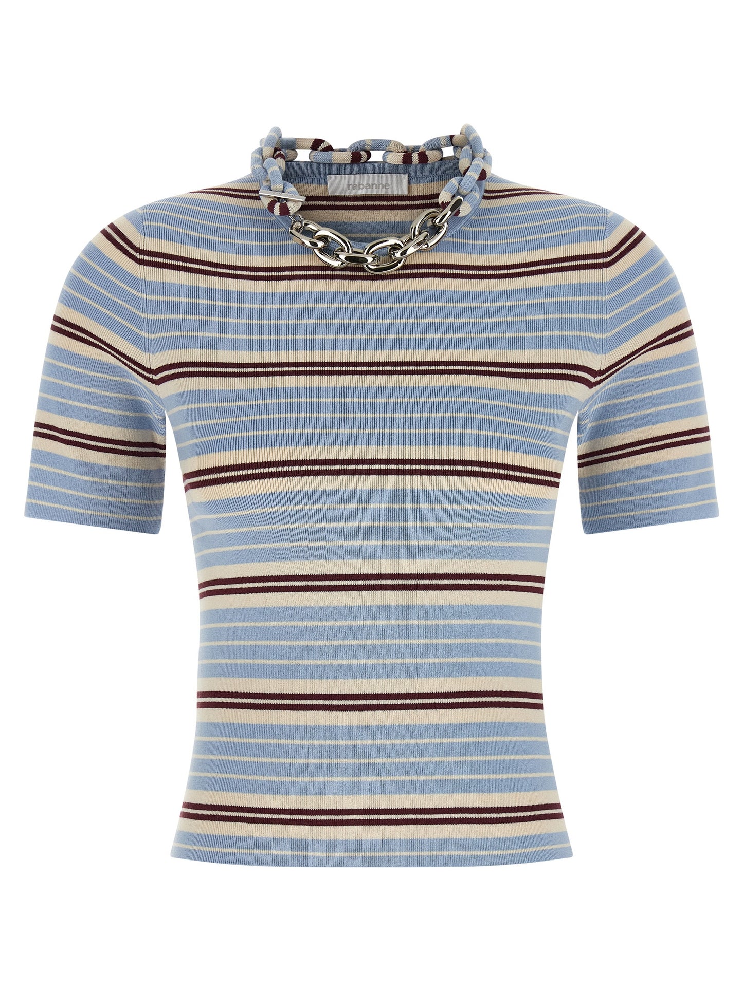 T-Shirt by Paco Rabanne for women in stretch polyester cotton light-blue, patterned & striped showcases a unassuming silhouette, artfully detailed with a refined and unassuming short-sleeve for a sophisticated, contemporary look.