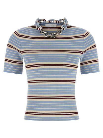 T-Shirt by Paco Rabanne for women in stretch polyester cotton light-blue, patterned & striped showcases a unassuming silhouette, artfully detailed with a refined and unassuming short-sleeve for a sophisticated, contemporary look.