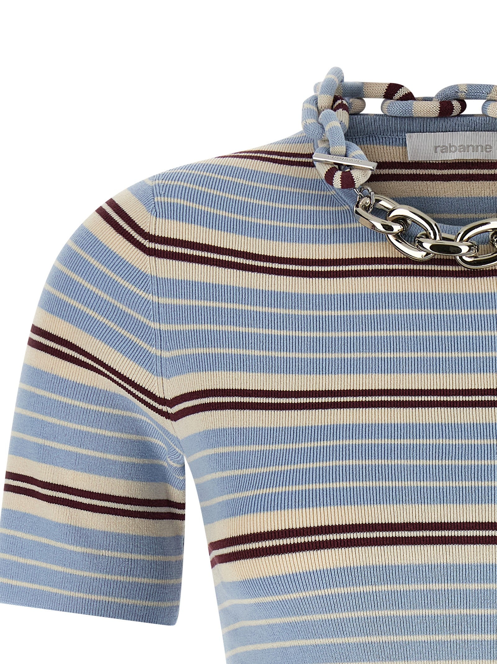 T-Shirt by Paco Rabanne for women in stretch polyester cotton light-blue, patterned & striped features an edgy silhouette, meticulously detailed with a sophisticated and for a truly edgy finish.