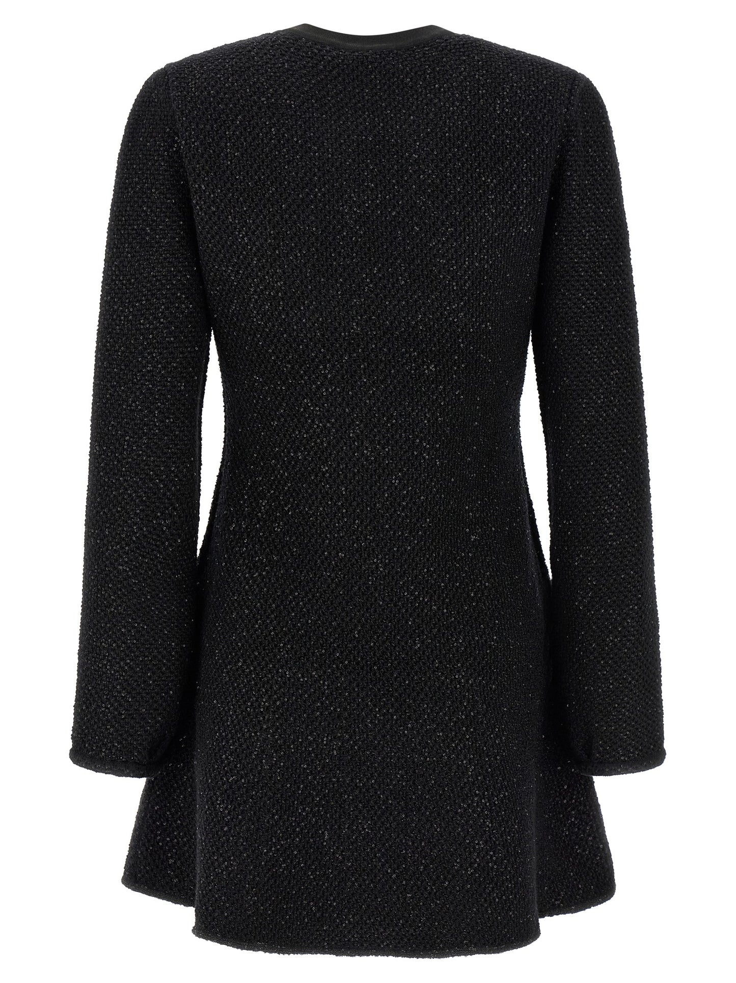 Dress by Self-Portrait for women in cotton polyester wool & sequins black features a dramatic silhouette, showcasing an elegant crew neckline and that flows into a dramatic short mini.