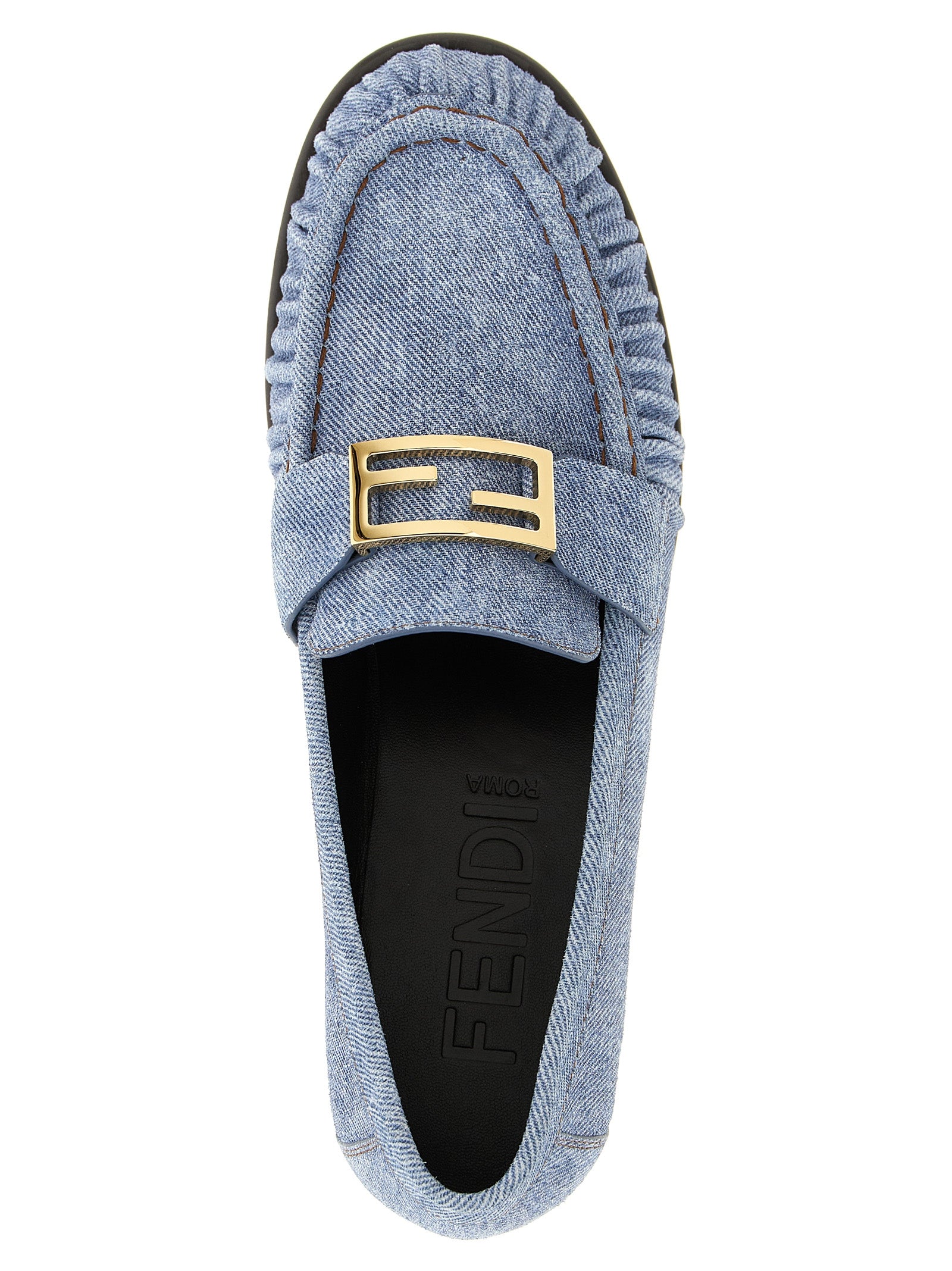 Flat Loafer Slip-On Shoes by Fendi for women in denim & calfskin leather light-blue features an ergonomic silhouette, perfectly showcasing Women's Denim & Calfskin Leather Flat Loafer Slip-On Shoes with its distinct flat and elegant .