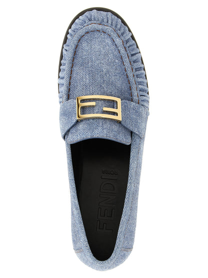 Flat Loafer Slip-On Shoes by Fendi for women in denim & calfskin leather light-blue features an ergonomic silhouette, perfectly showcasing Women's Denim & Calfskin Leather Flat Loafer Slip-On Shoes with its distinct flat and elegant .