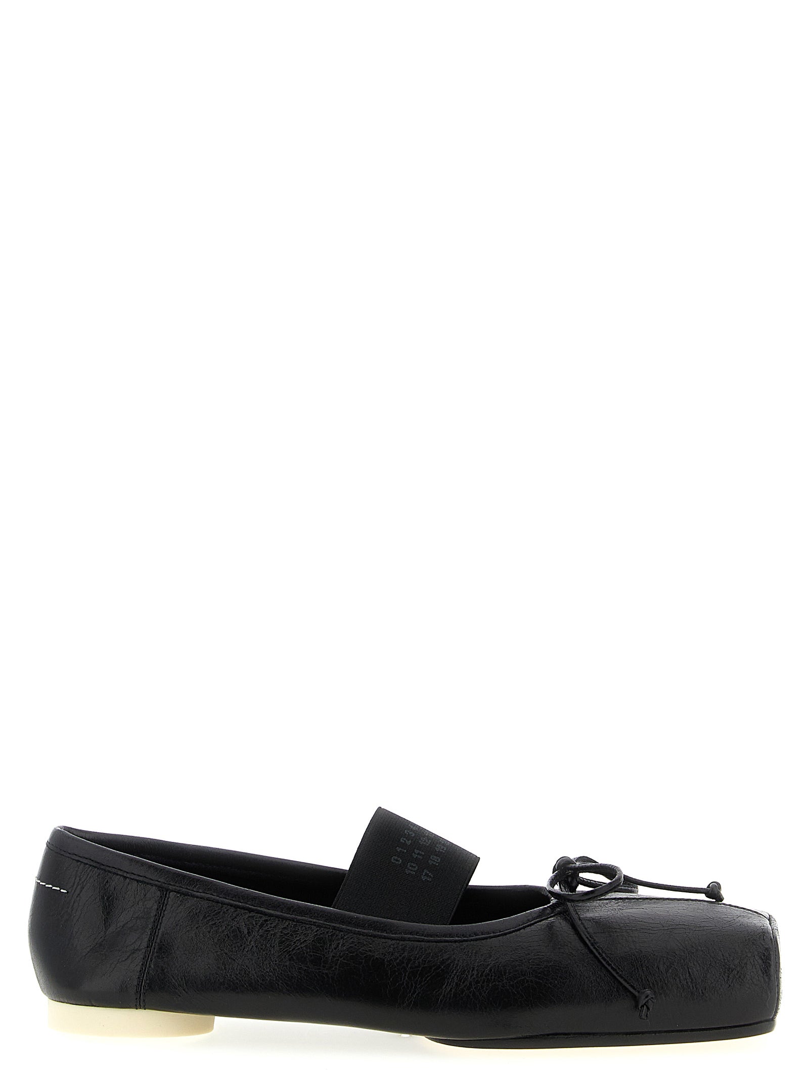 Ballet Flat Shoes by MM6 Maison Margiela for women in calfskin leather black, white & signature presents a effortless chic silhouette, showcasing the Women's Calfskin Leather Ballet Flat Shoes design with a effortless chic and square toe style for a sophisticated look.