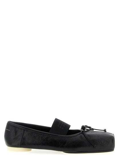 Ballet Flat Shoes by MM6 Maison Margiela for women in calfskin leather black, white & signature presents a effortless chic silhouette, showcasing the Women's Calfskin Leather Ballet Flat Shoes design with a effortless chic and square toe style for a sophisticated look.