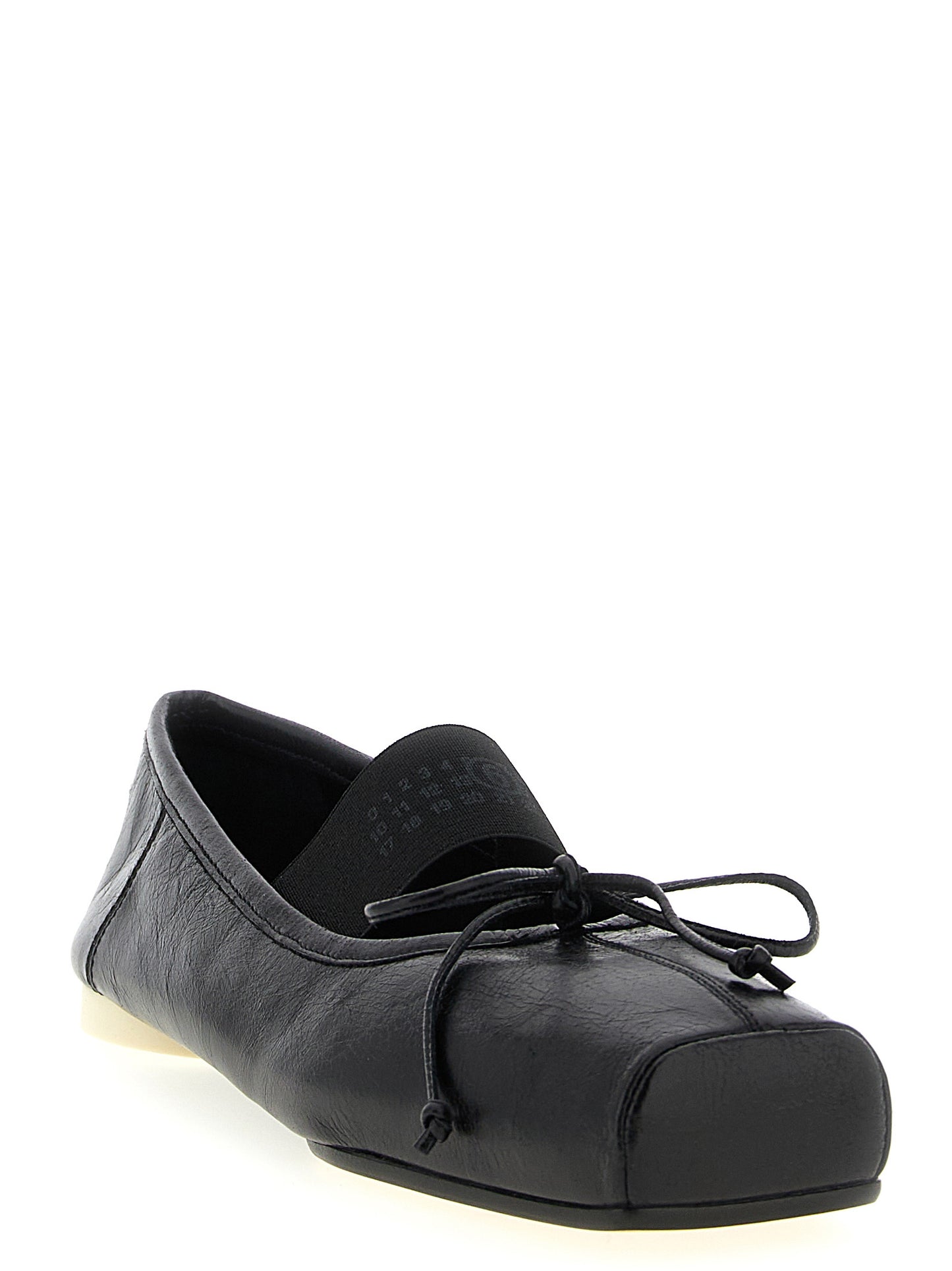 Ballet Flat Shoes by MM6 Maison Margiela for women in calfskin leather black, white & signature presents a effortless chic silhouette, showcasing the Women's Calfskin Leather Ballet Flat Shoes design with a effortless chic and square toe style for a sophisticated look.