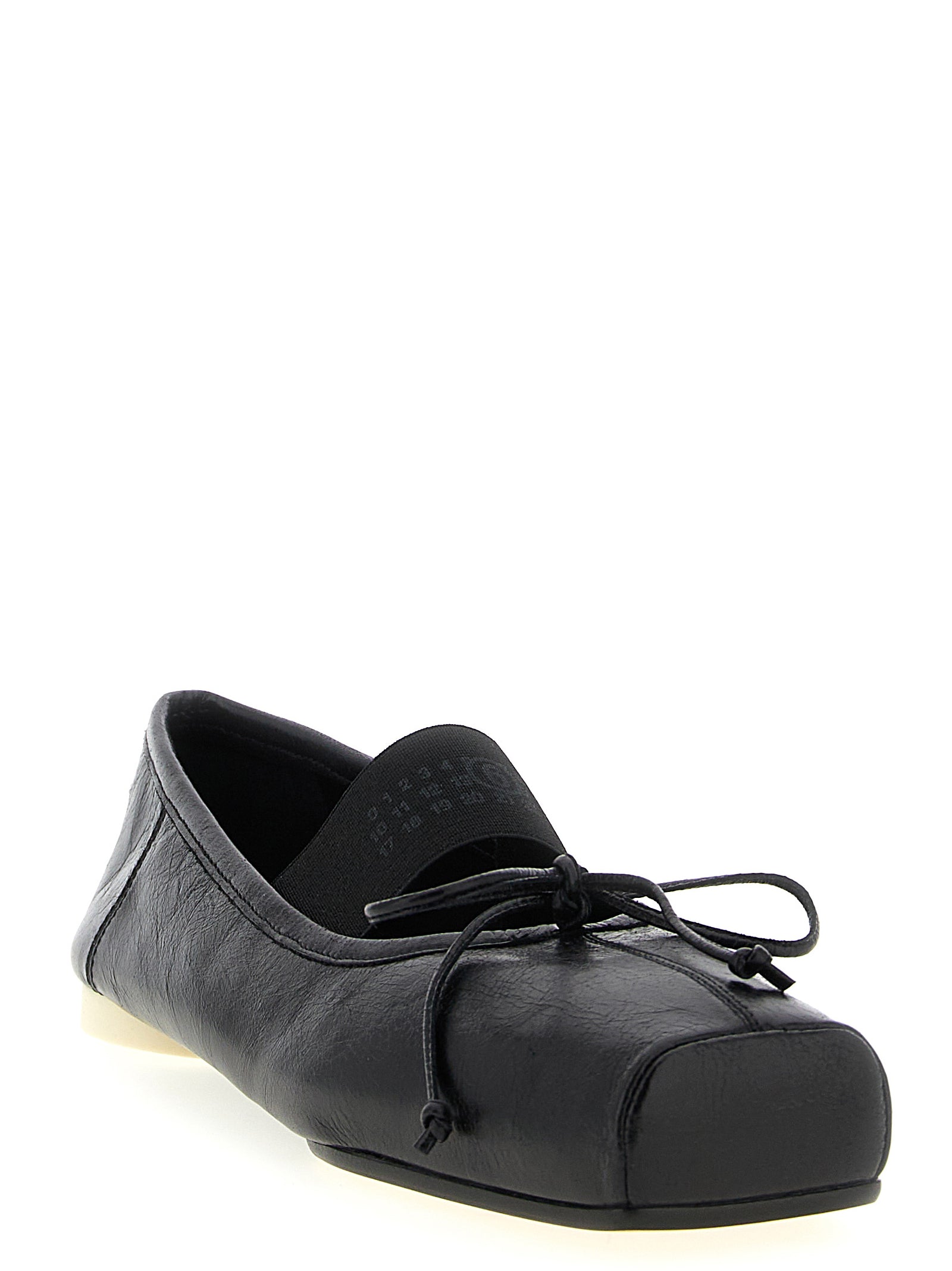 Ballet Flat Shoes by MM6 Maison Margiela for women in calfskin leather black, white & signature presents a effortless chic silhouette, showcasing the Women's Calfskin Leather Ballet Flat Shoes design with a effortless chic and square toe style for a sophisticated look.