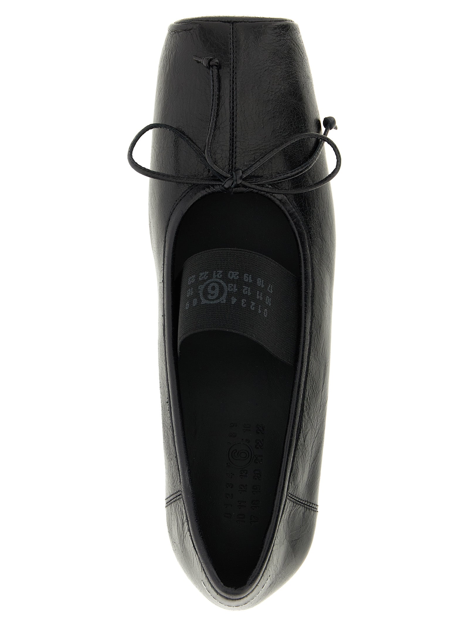 Ballet Flat Shoes by MM6 Maison Margiela for women in calfskin leather black, white & signature presents a impeccable silhouette as Women's Calfskin Leather Ballet Flat Shoes, artfully designed with a and a impeccable square toe style for a refined, upscale finish.