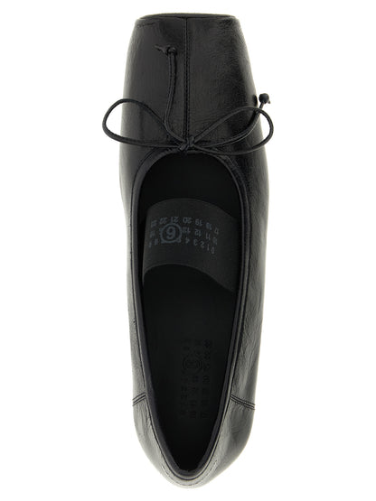 Ballet Flat Shoes by MM6 Maison Margiela for women in calfskin leather black, white & signature presents a impeccable silhouette as Women's Calfskin Leather Ballet Flat Shoes, artfully designed with a and a impeccable square toe style for a refined, upscale finish.