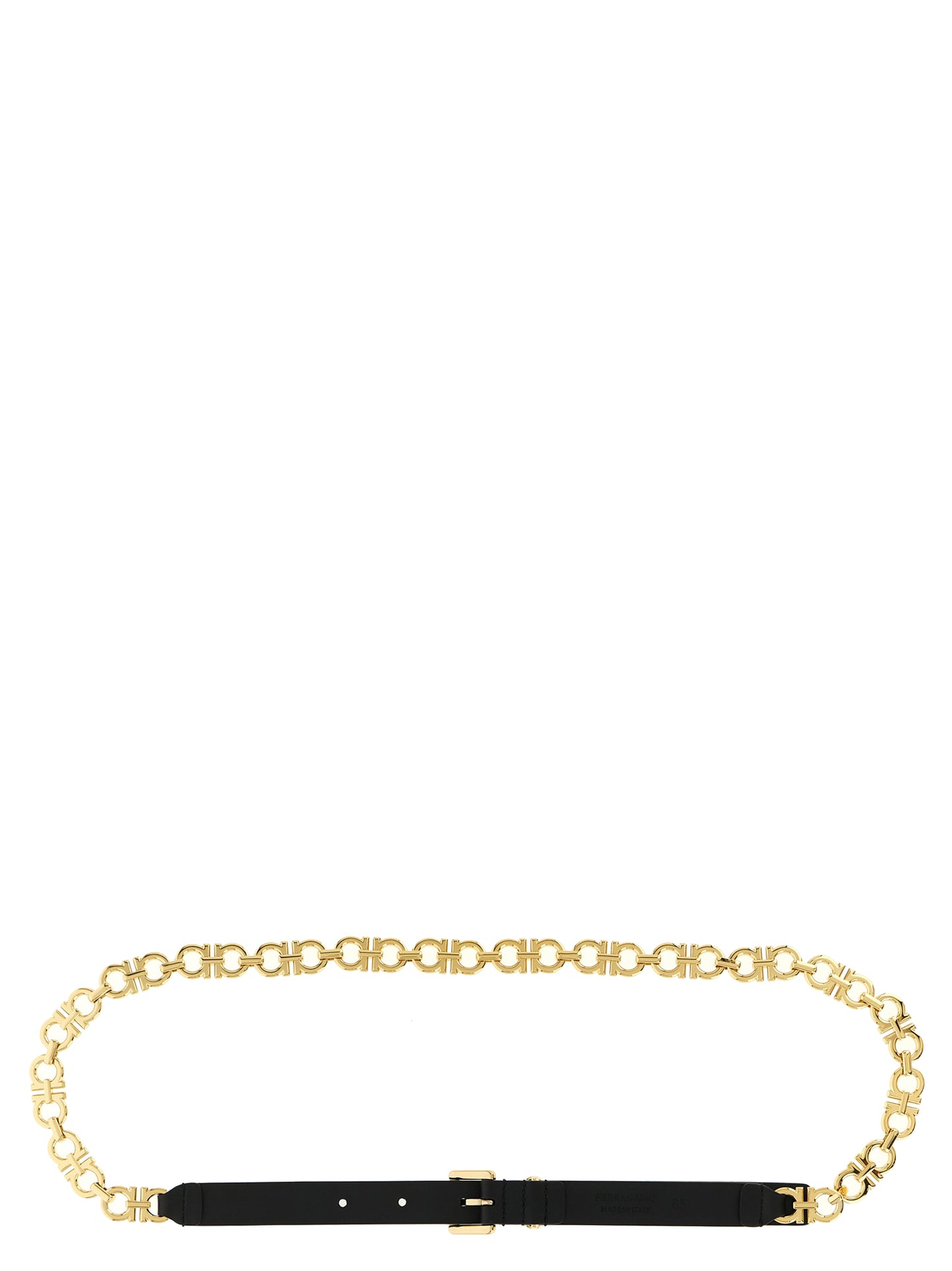 Belt by Ferragamo for women in bos taurus calfskin leather black & gold features an artisanal finish, elegantly showcasing the signature style and artisanal craftsmanship of the Gancini Bos Taurus Calfskin Leather Belt design.