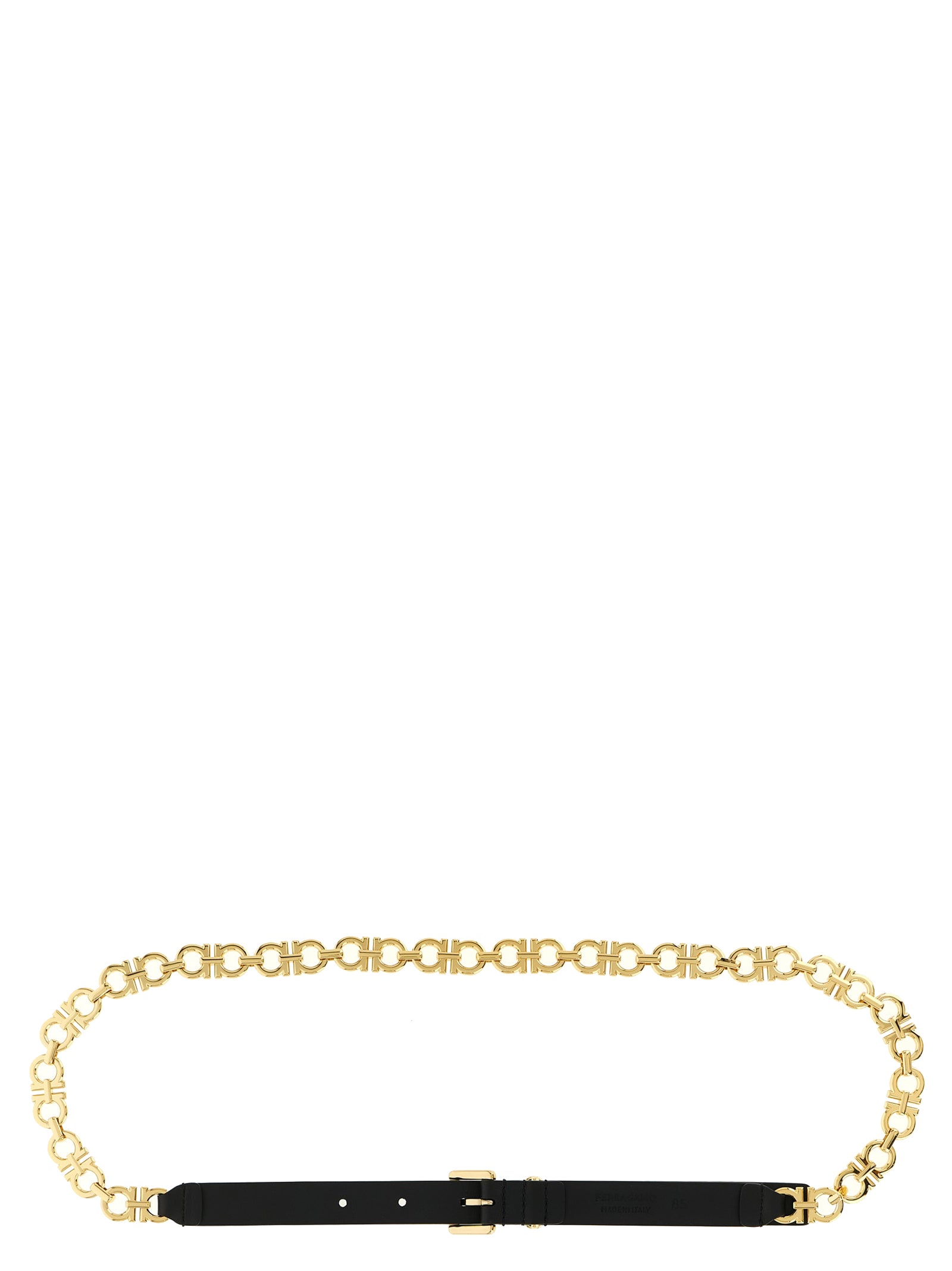 Belt by Ferragamo for women in bos taurus calfskin leather black & gold features an artisanal finish, elegantly showcasing the signature style and artisanal craftsmanship of the Gancini Bos Taurus Calfskin Leather Belt design.