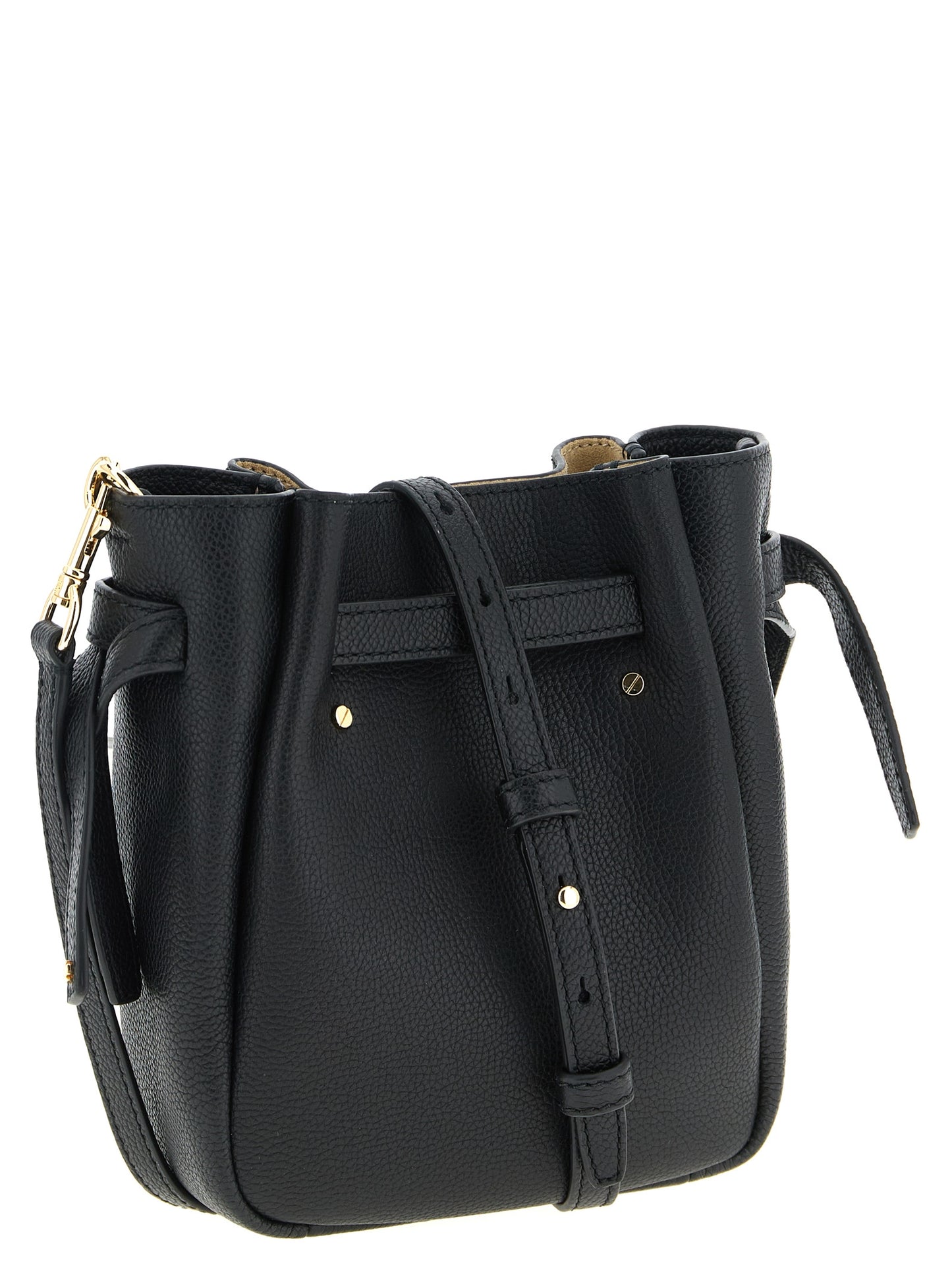 Crossbody Bucket Handbag by Tory Burch for women in suede leather black features a multifaceted silhouette, showcasing a secure magnetic and multifaceted with versatile crossbody-strap, shoulder-strap, adjustable-strap, belt-strap & handle for multifaceted style.