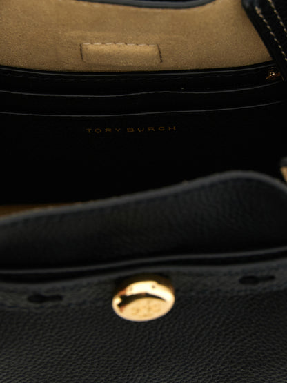 Crossbody Bucket Handbag by Tory Burch for women in suede leather black features a transformative elegance silhouette, showcasing a secure magnetic, organized , and versatile crossbody-strap, shoulder-strap, adjustable-strap, belt-strap & handle for a transformative elegance look.