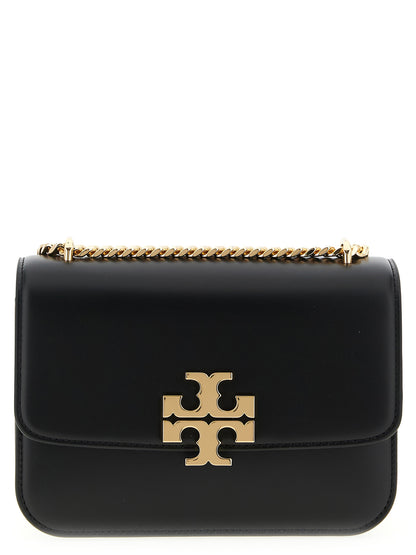 Tory Burch Eleanor Bos Taurus Suede Calfskin Leather 2-in-1 Shoulder & Crossbody Flap Handbag - Black Signature