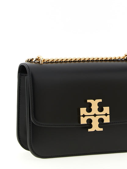 Tory Burch Eleanor Bos Taurus Suede Calfskin Leather 2-in-1 Shoulder & Crossbody Flap Handbag - Black Signature