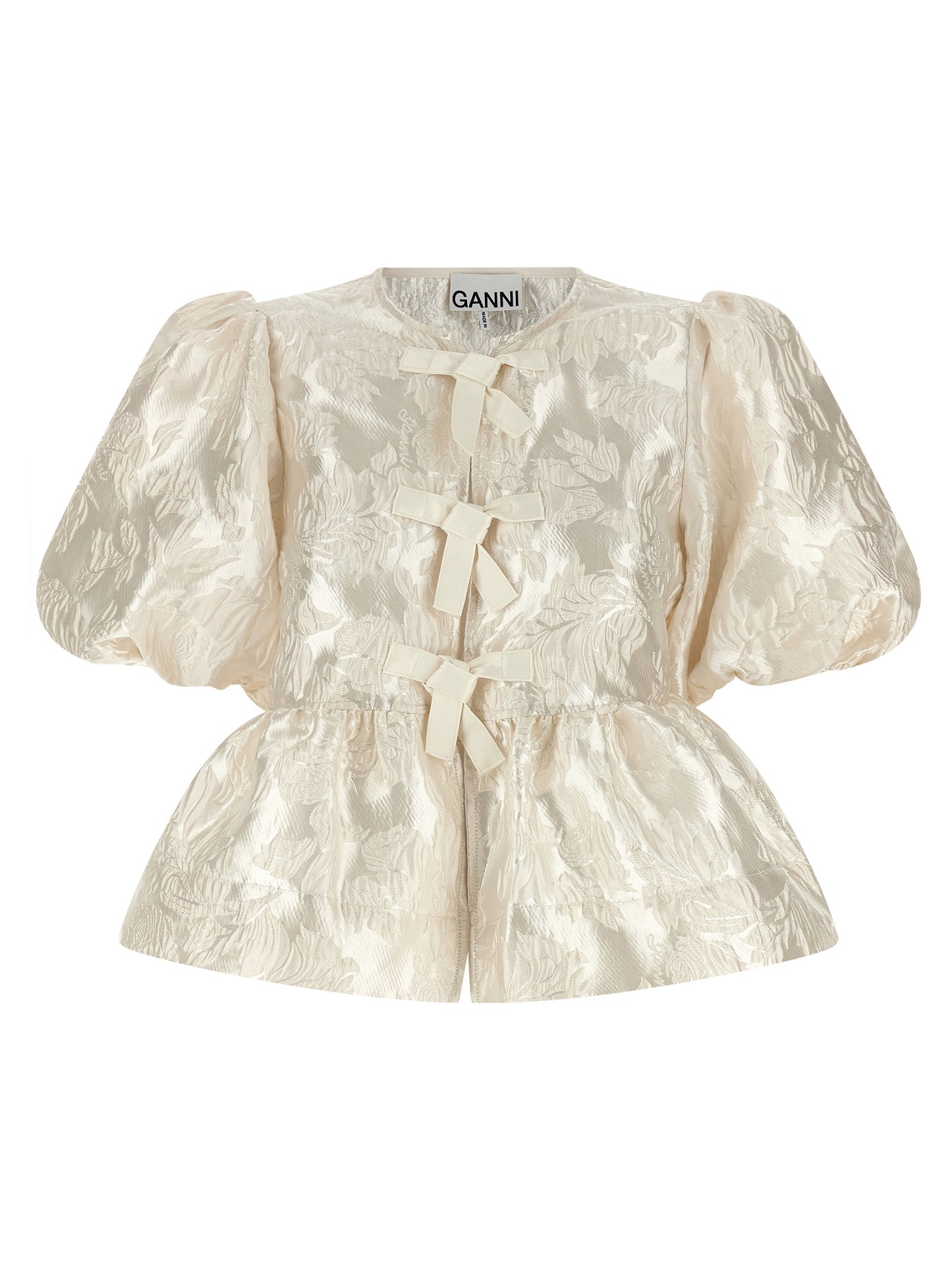 Blouse by Ganni for women in polyamide polyester satin white & jacquard showcases a sublime silhouette, artfully detailed with a sublime crew neckline and short-sleeve for a sophisticated, sublime finish.