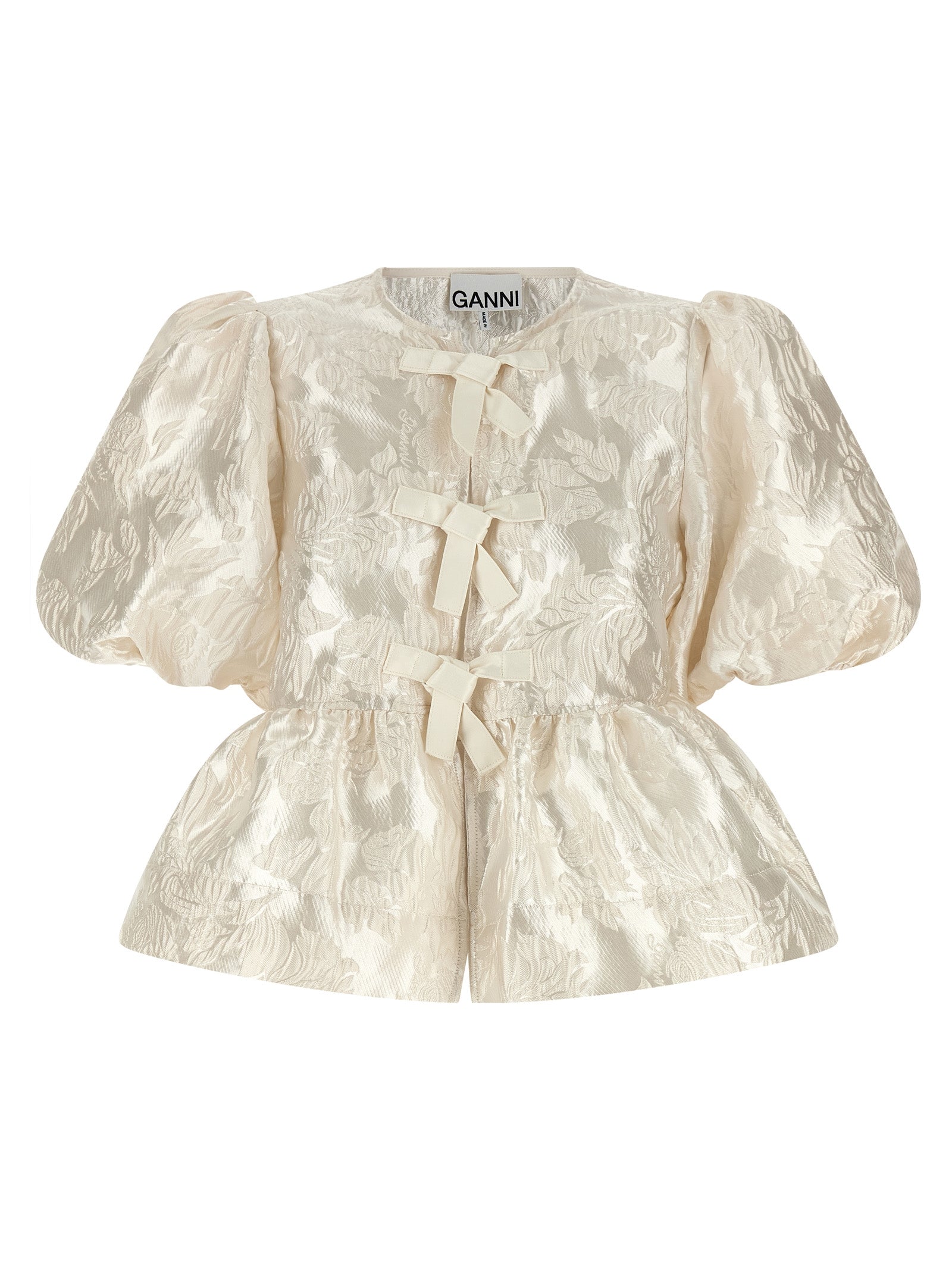 Blouse by Ganni for women in polyamide polyester satin white & jacquard showcases a sublime silhouette, artfully detailed with a sublime crew neckline and short-sleeve for a sophisticated, sublime finish.