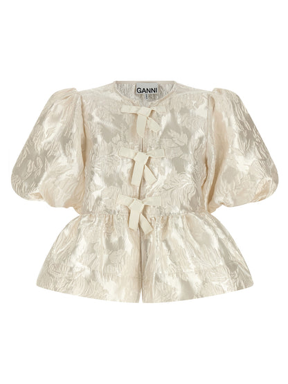 Blouse by Ganni for women in polyamide polyester satin white & jacquard showcases a sublime silhouette, artfully detailed with a sublime crew neckline and short-sleeve for a sophisticated, sublime finish.
